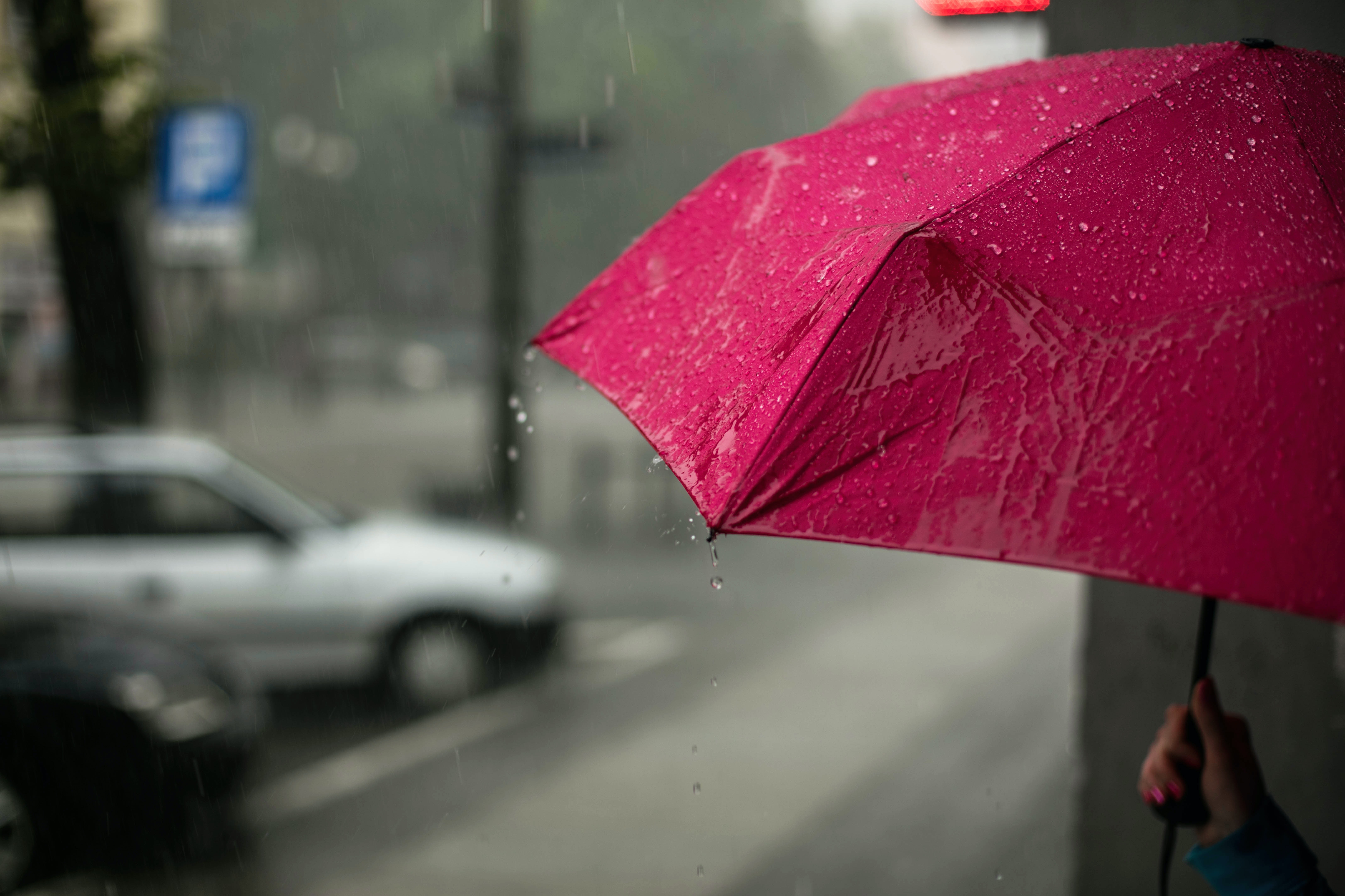 a pink umbrella with raindrops on it