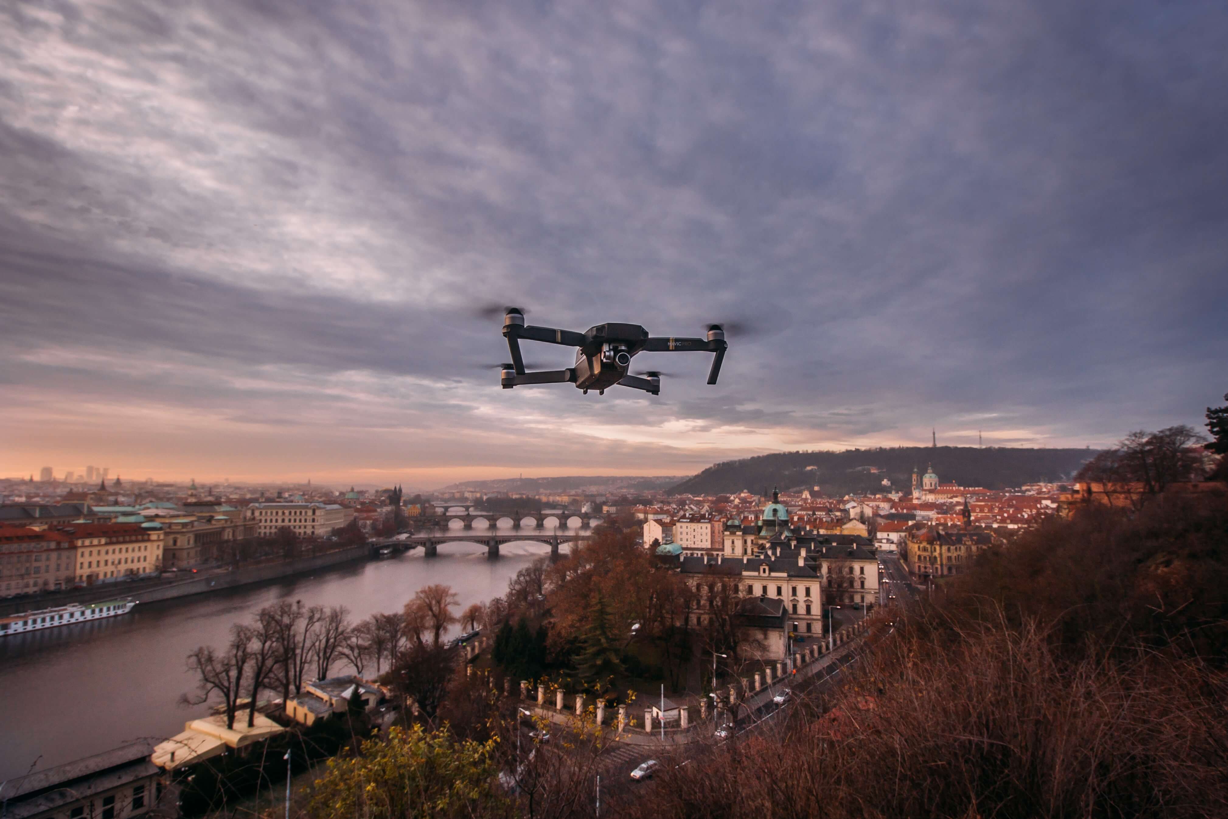 a drone flying over a city