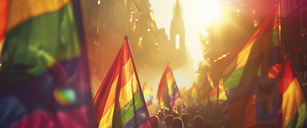 a group of people holding flags