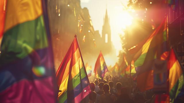 a group of people holding flags