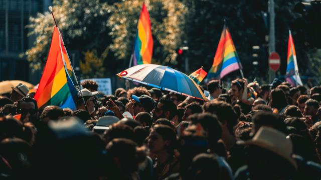 a crowd of people holding flags and umbrellas